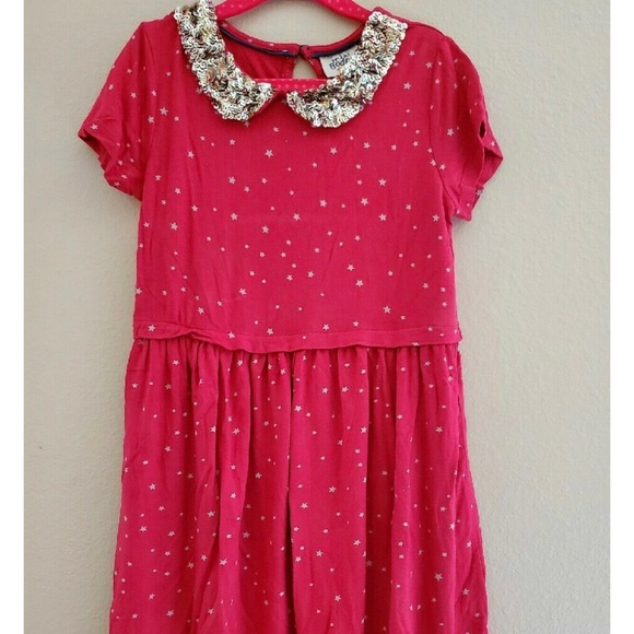 Mini Boden Other - Mini Boden Pink Red Star Print Gold Sequin Collar Sz 3-4